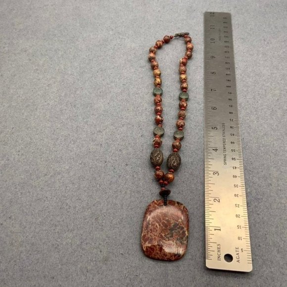 Jasper Stone Necklace Pendant Branch Oval Red Brown Copper Gray - Picture 6 of 10